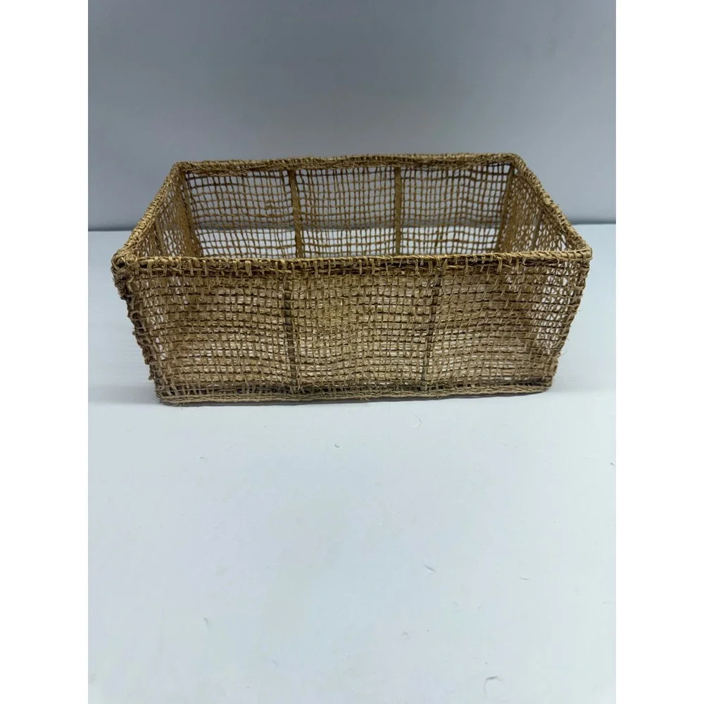 Natural Woven Seagrass Rectangular Storage Basket Open Weave Wire Frame Brown